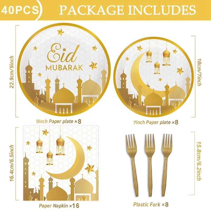 Elegant Disposable Dinnerware Set for 8 Guests Plates Cups and Napkins for Muslims Eid Festival Festive Celebration