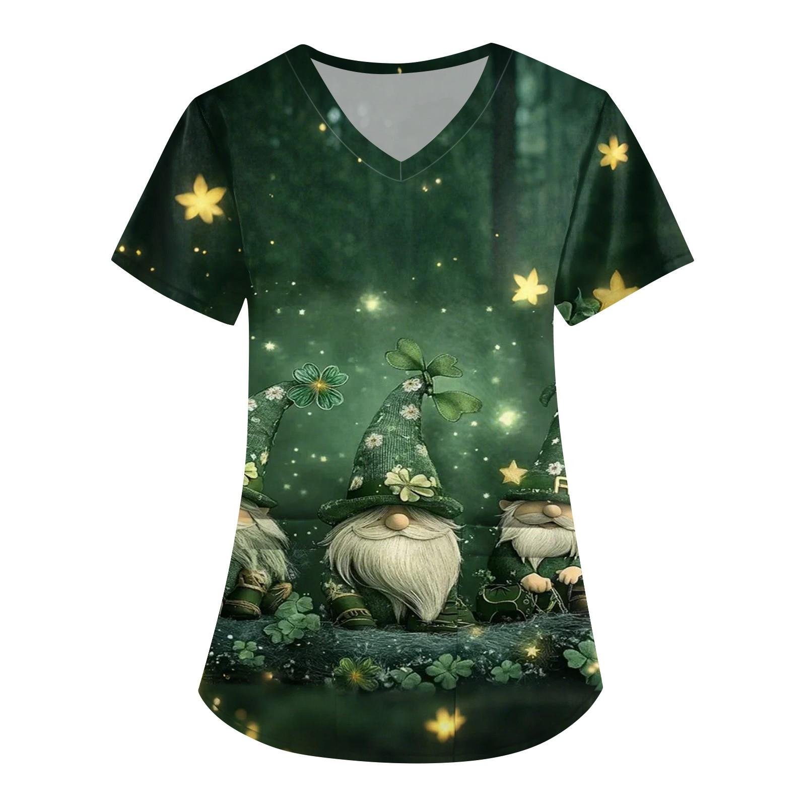 

Жіночий милий робочий одяг з принтом, V-подібним вирізом, двошарові кишені, базовий пуловер з короткими рукавами St.. День Патріка XXXL