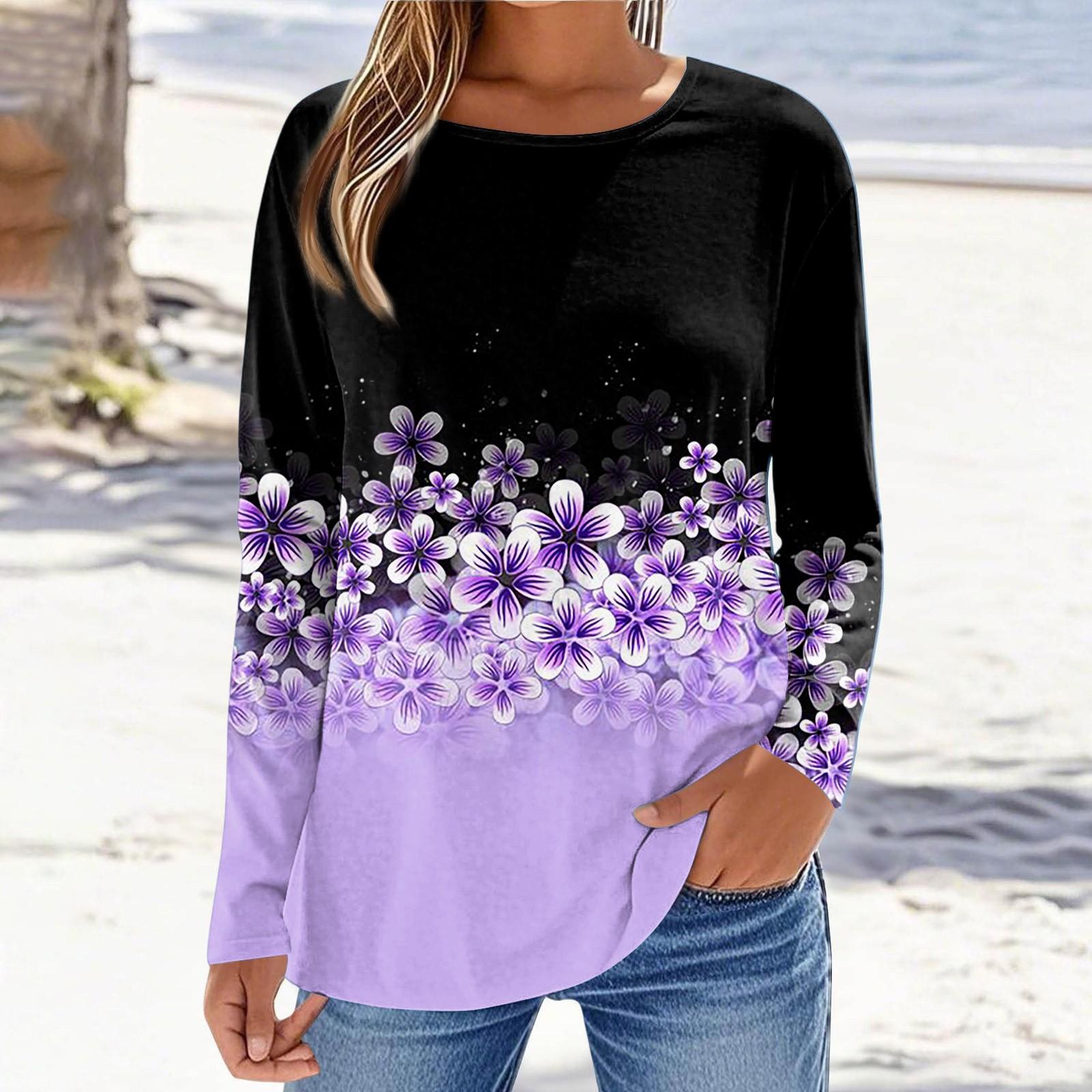 

Женская модная повседневная футболка с принтом, с длинным рукавом и круглым вырезом Футболка с круглым вырезом Топ XXL фиолетовый