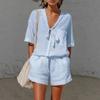 Women's V Neck Short Sleeve Front Tie Pocket Loose Shirt And Elastic Waist Short Two Piece Casual Vacation Set