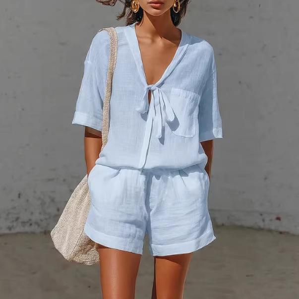 Women's V Neck Short Sleeve Front Tie Pocket Loose Shirt And Elastic Waist Short Two Piece Casual Vacation Set