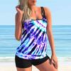 Women's Shoulder Strap Swimsuit Black and Blue Stripes Print Bikini Tankini Swimsuit