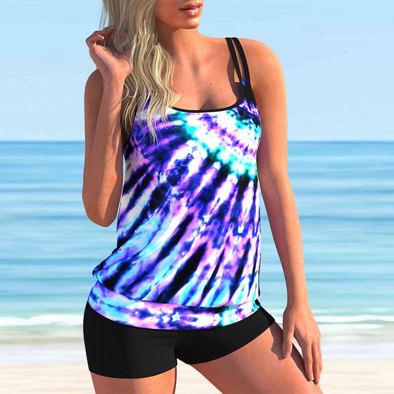Women's Shoulder Strap Swimsuit Black and Blue Stripes Print Bikini Tankini Swimsuit