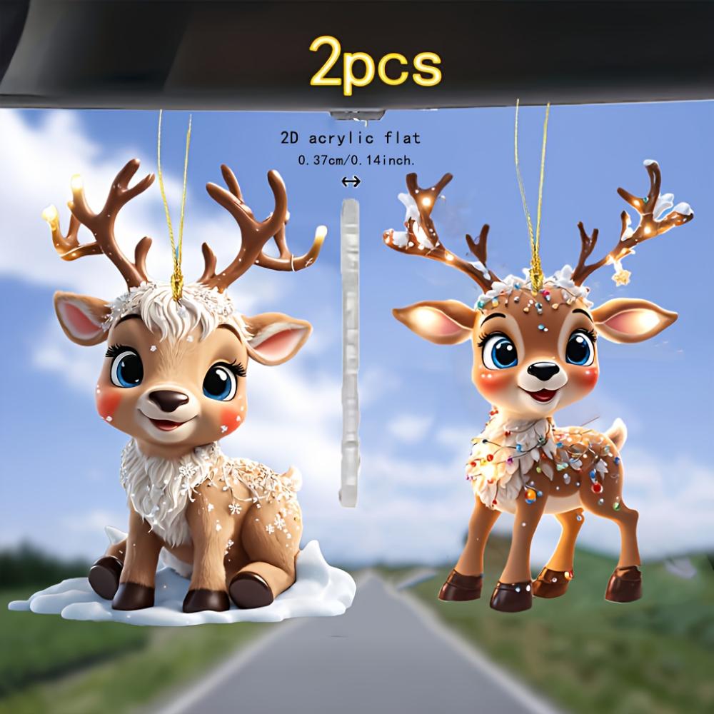 2PCS car pendant charming acrylic  2D flat reindeer baby, decorated with cars and trees, ideal holiday gift, suitable for Halloween, Christmas