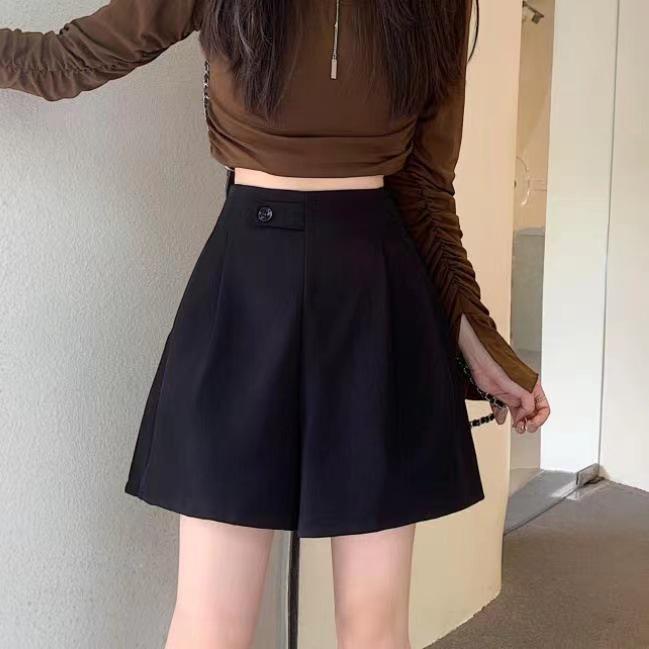 Drapey High-Waist Wide-Leg Pants: Korean Style Autumn 2025 Black A-Line Slimming Casual Shorts for Women