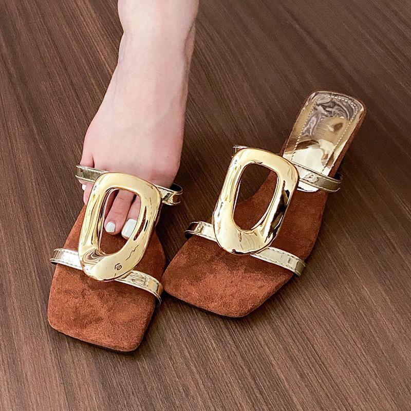French metal square buckle foot slippers women's summer wear flat-bottomed casual toe niche high-heeled cool slippers