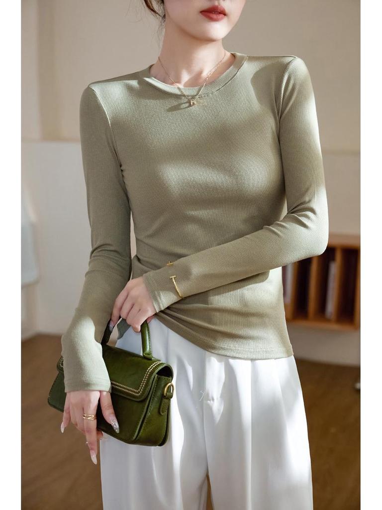 Women's High-Elastic Cotton Ribbed Crew Neck Long-Sleeve Base Layer Top - 2025 Autumn/Winter Collection
