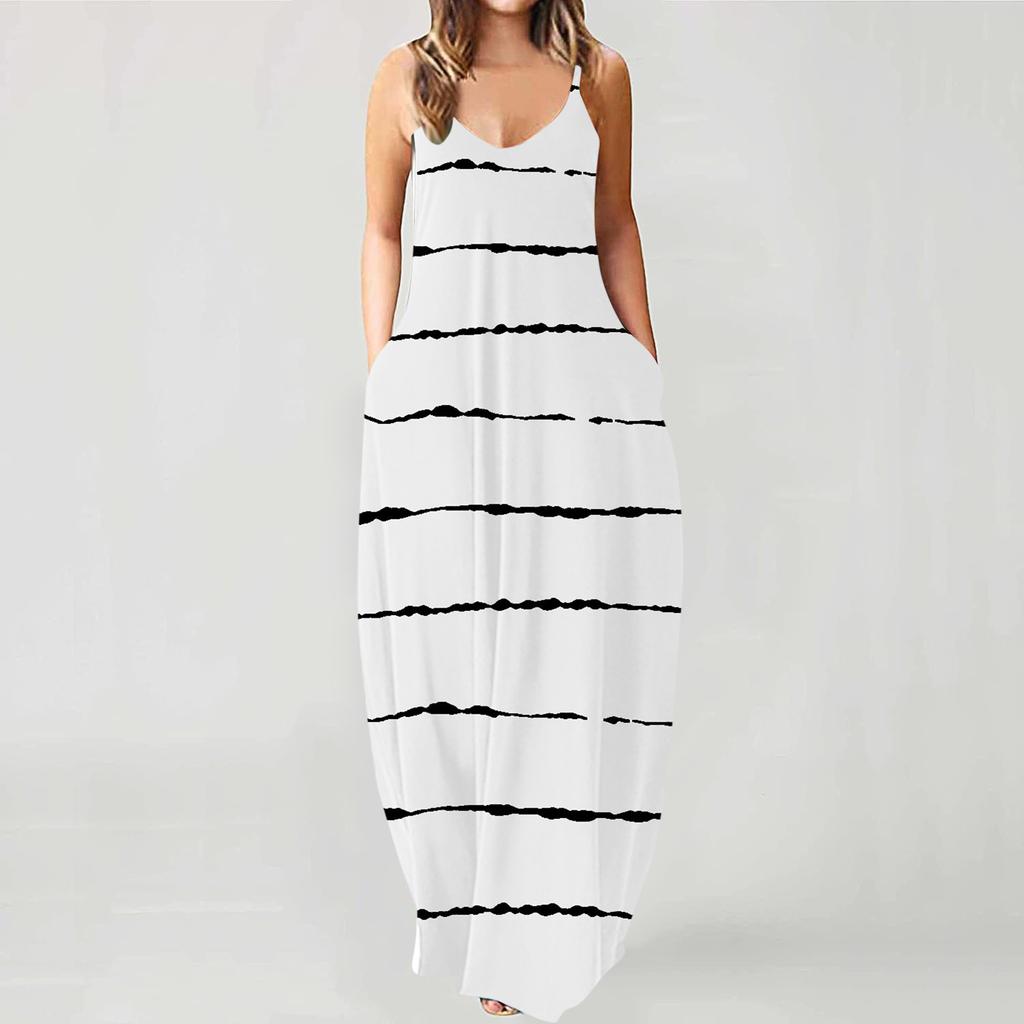 Fashion Women's Loose Casual Summer Striped Print Pocket Sling Sleeveless Dress