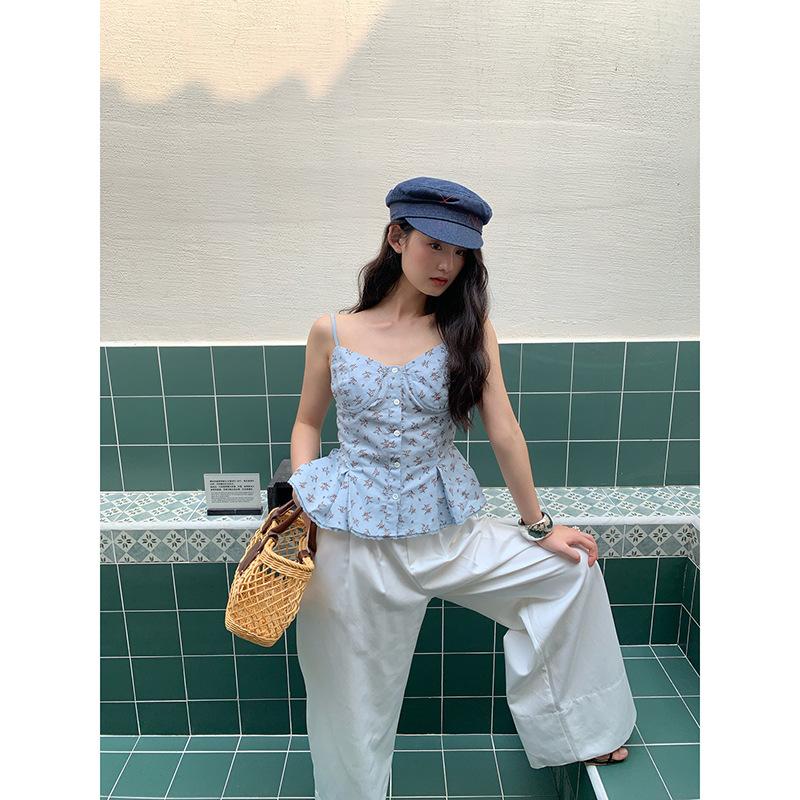 Summer French design waist floral sling vest women's outer wear S