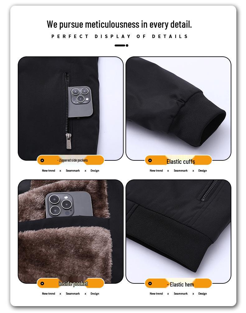 Men's Plus Size Winter Cotton Jacket for Middle-Aged & Elderly Dads, Velvet Lined, Thickened, Padded, Stand-up Collar