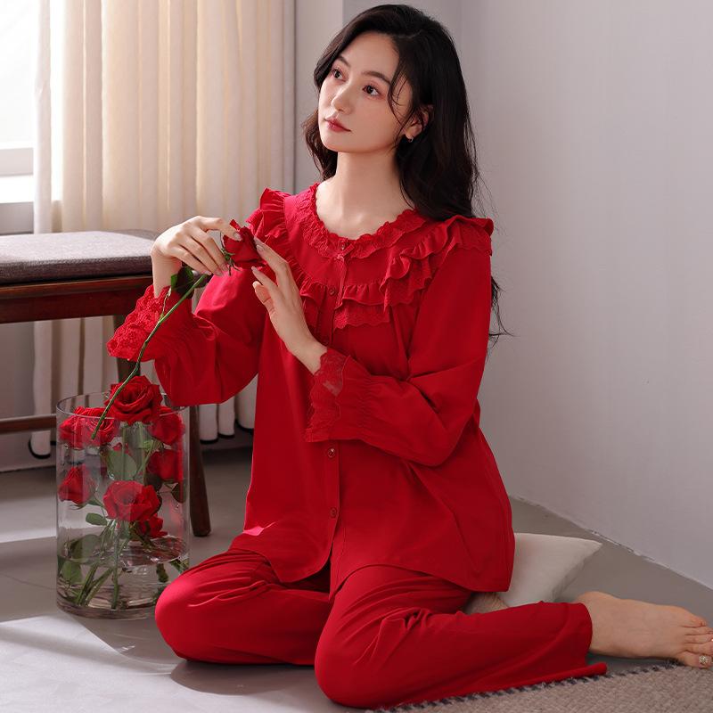 Big red pajamas women's spring and autumn pure cotton long-sleeved newlywed wedding autumn thin cotton festive natal year loungewear