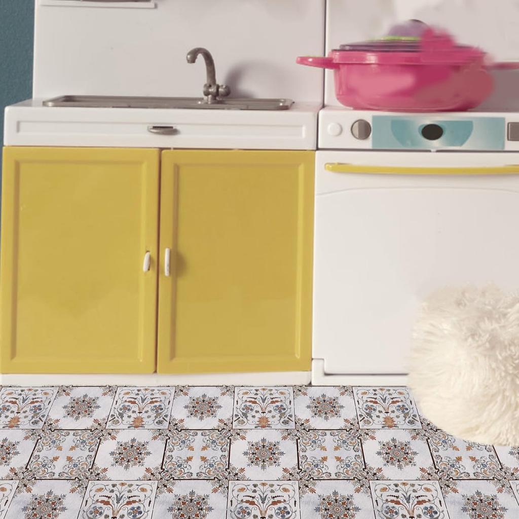 VICASKY Miniature Dollhouse Floor Scale Retro Floral Design Floor Dollhouse 16x12 Model Decor Tiles, 1/12 Mats, Accessories, Inches, Vintage-Style