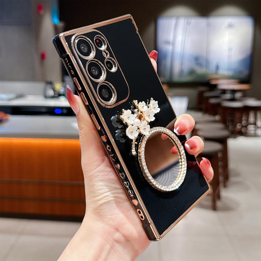 For Samsung Galaxy S24 Ultra Case with Plum Blossom Mirror Electroplating Edge Heart Pattern TPU Phone Cover