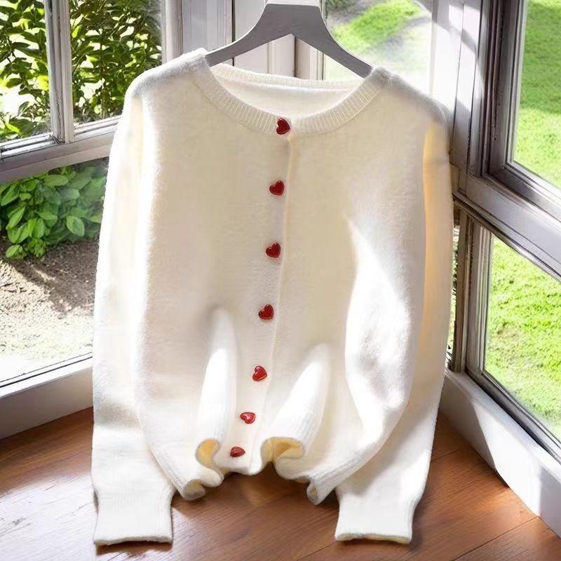 Lazy Knitted Cardigan Spring and Autumn Sweater New Loose and Thin Love Button Long Sleeve Jacket Top Women