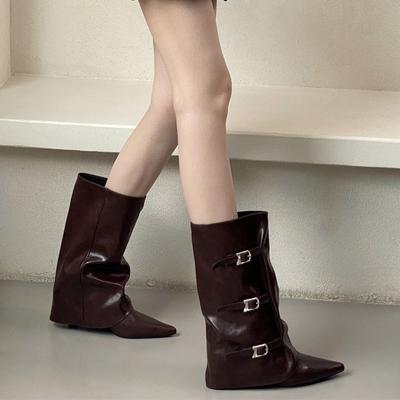 Pointed Boots Women's Slope Heel Versatile Retro 2025 New Fashion But Knee Boots Heightening High Knight Boots