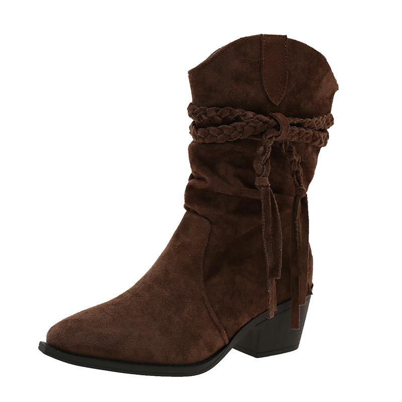 New Retro Wasteland Fringed Knight Boots Suede Thick Heel Sleeve But Knee Middle Tube Stacking Boots