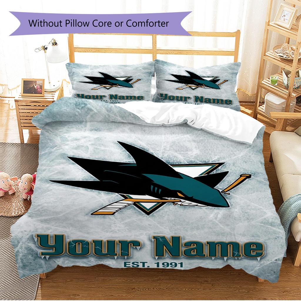 Naam Op Maat San Jose Sharks Patroon Beddengoed Set Dekbedovertrek Kussensloop Huisdecoratie Cadeau (1 dekbedovertrek + 2 kussenslopen, zonder binnenkussen)