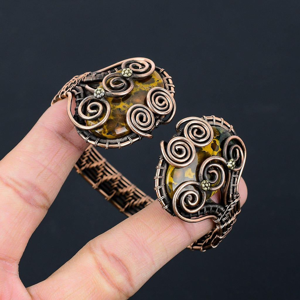 Bamboo Jasper Gemstone Pure Copper Wire Wrapped Handmade Cuff/ Bangle Adjustable Jewelry For Her