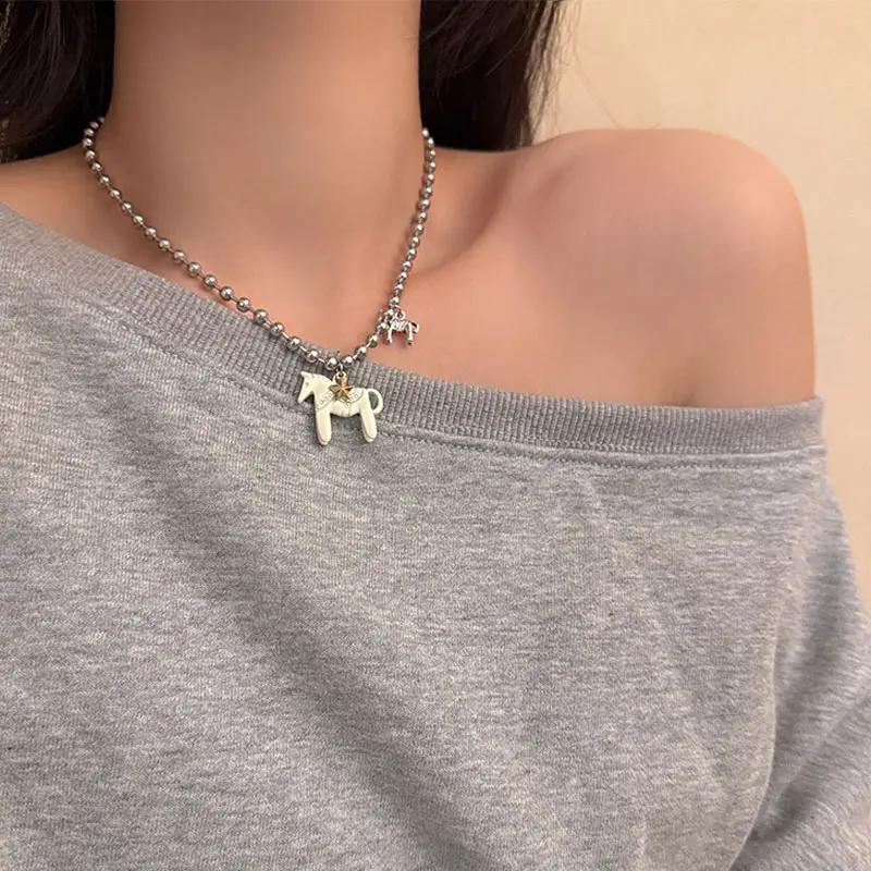 Funny Silver Plated Horse Pendant Necklace Alloy Black Choker Necklace White Hot Pink Enamel Pendant Necklace Beads Neck Chain