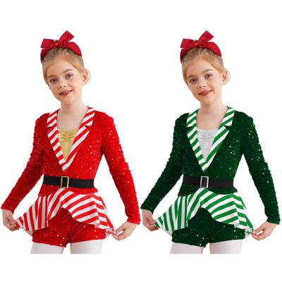 Niedliches Mädchen Zuckerstangen gestreiftes Weihnachtskostüm Weihnachten Weihnachtsmann Süße Pailletten Ballett Jazz Tanz Gymnastik Turnanzug Unitard Tanzbekleidung