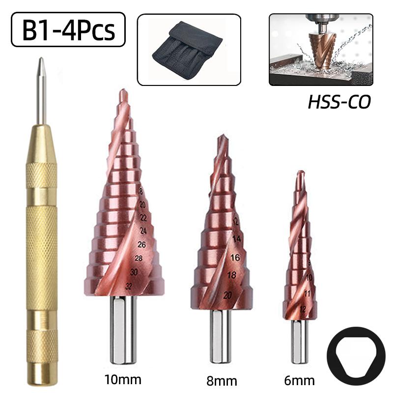 HSS-CO M35 Kobalt Stufenbohrer Spiralnut Dreieckiger Sechskantschaft Edelstahl Metall Lochschneider Konische Stufenbohrer Werkzeuge