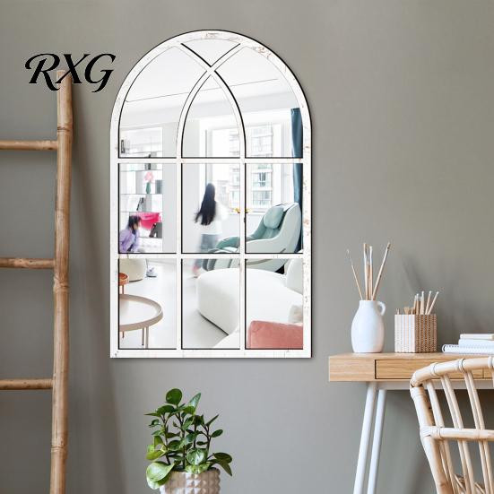 Boho Style Wall Mirror Stickers Arched Window Decor, Wooden Frame Acrylic Fake Mirror, Modern Art Self-Adhesive Windowpane Sticker for Living
