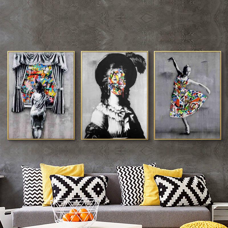 Abstract Color Graffiti Art Banksy Ballet Dancer Poster Canvas Painting Living Room Study Corridor Home Decoration Mural