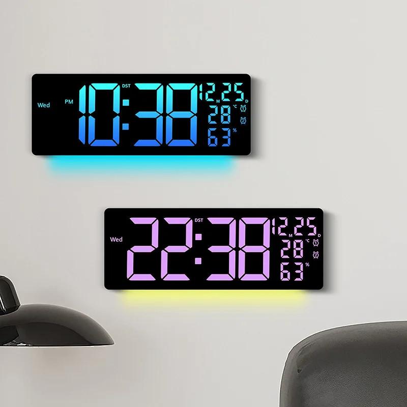 17inch Household Large Digital Alarm Clock Dynamic RGB Display LED Wall Clock Room Decor Colorful LED Digital Clock