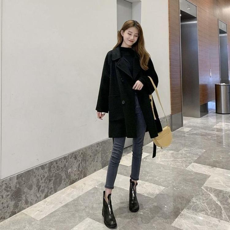Korean Style Women Loose Woolen Jacket Mid Length Spring Autumn New