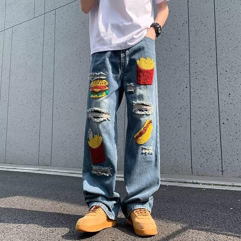

Мужские ретро-синие джинсы с вышивкой в виде гамбургера, весна/лето, широкие штанины, повседневные брюки High Street Cool 3XL синий