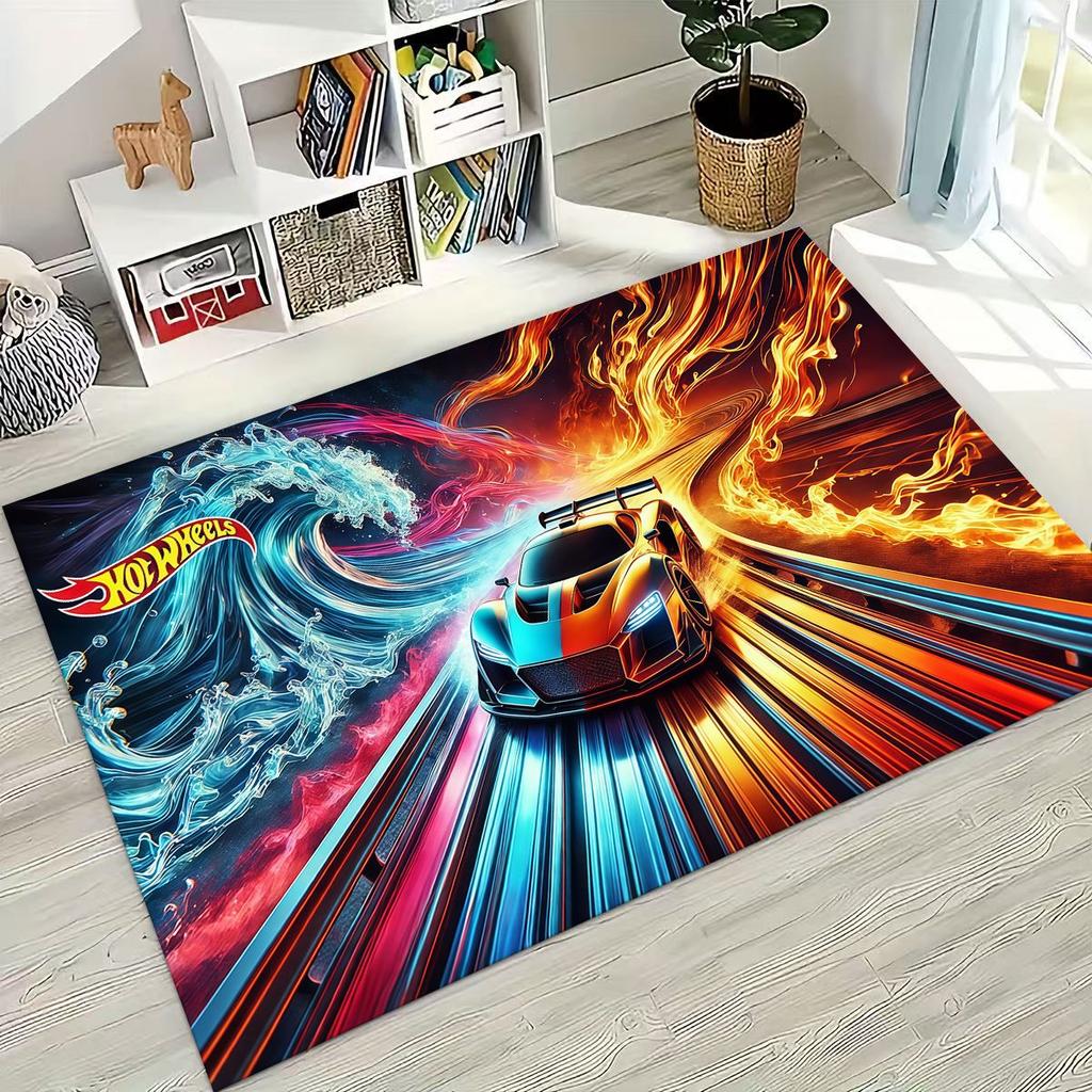Tappeto Tappetino Decorativo per Tappeto da Arte per Auto da Corsa Giocattolo Hot Wheels a Fumetti per Camera da Letto Soggiorno Divano Casa Zerbino, Tappetino per Pavimento Grande Antiscivolo