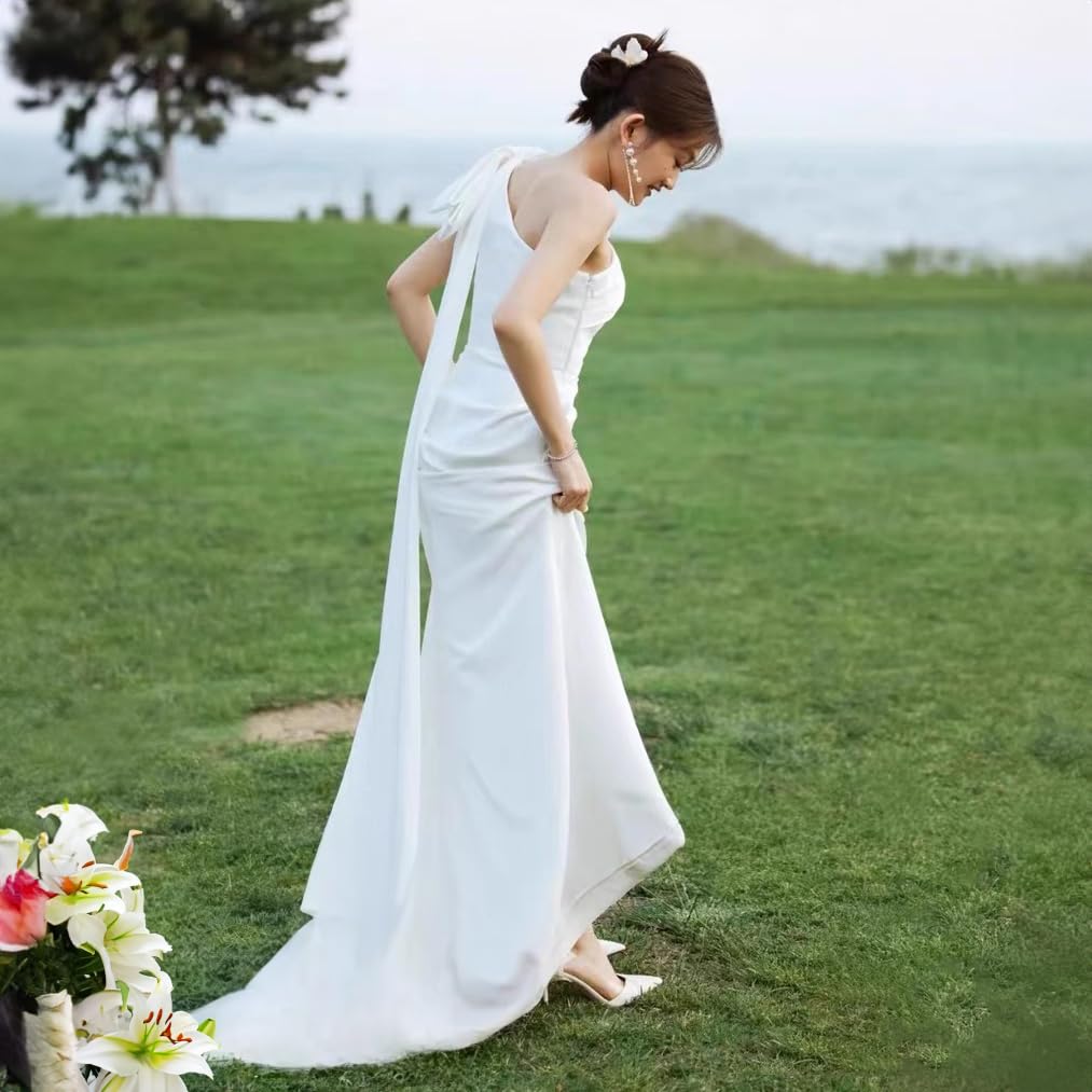 Bílé svatební foto párty mořská panna linie svatba svatební dlouhá nevěsta vlečka satén sexy odhalená záda [R-QINYUER] šaty, předsvatební focení, šaty,