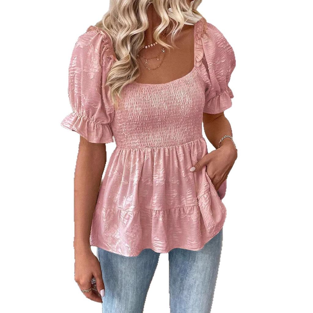 Women's Square Neck Puff Sleeve Blouse with Ruffle Hem in Multiple Colors