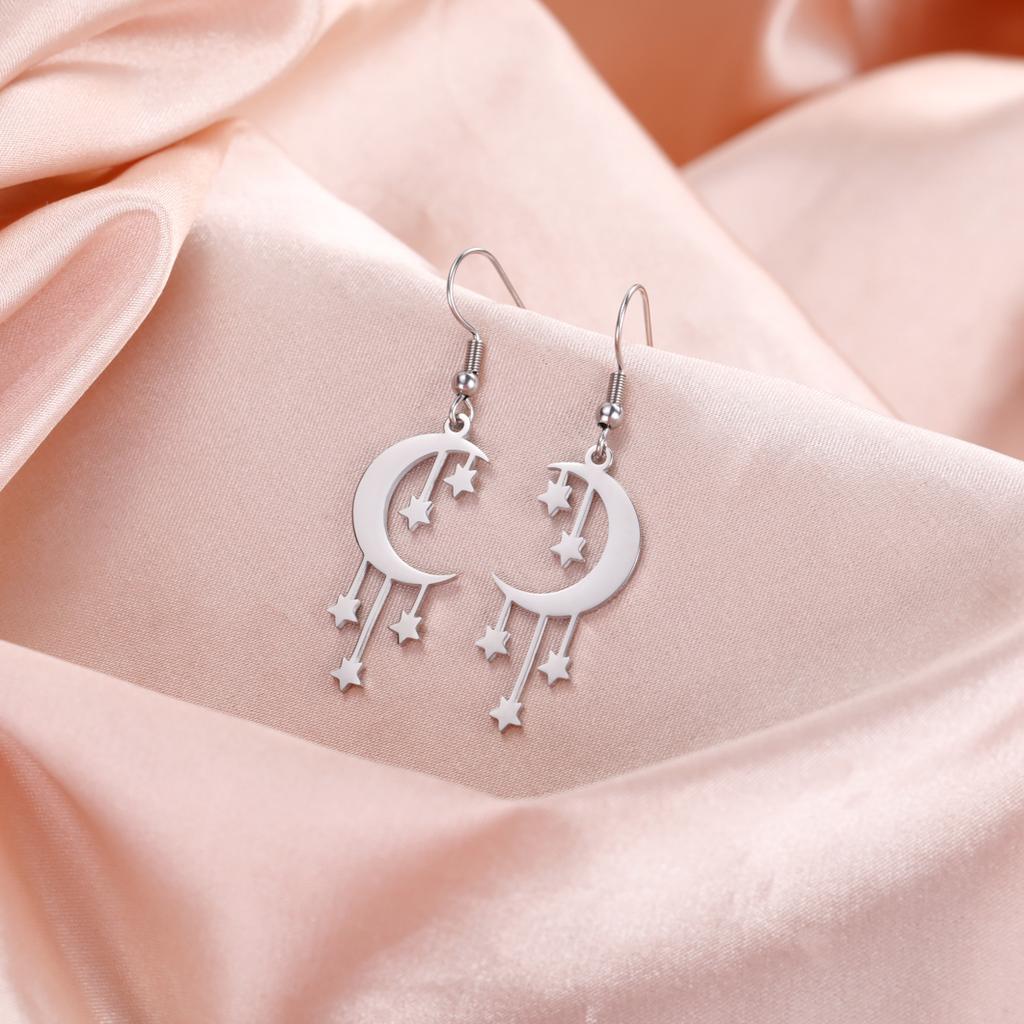 Trendy Crescent Moon Stars Drop Earrings for Women 2026 Stainless Steel Jewelry Pendant Earrings Birthday Gift Wholesale