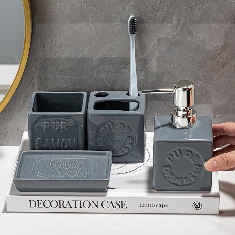 Ceramic Bathroom Organizer Set 4-Piece Liquid Soap Dispenser Lotion Bottle Toothbrush Holder Cup Soap Dish Storag verde