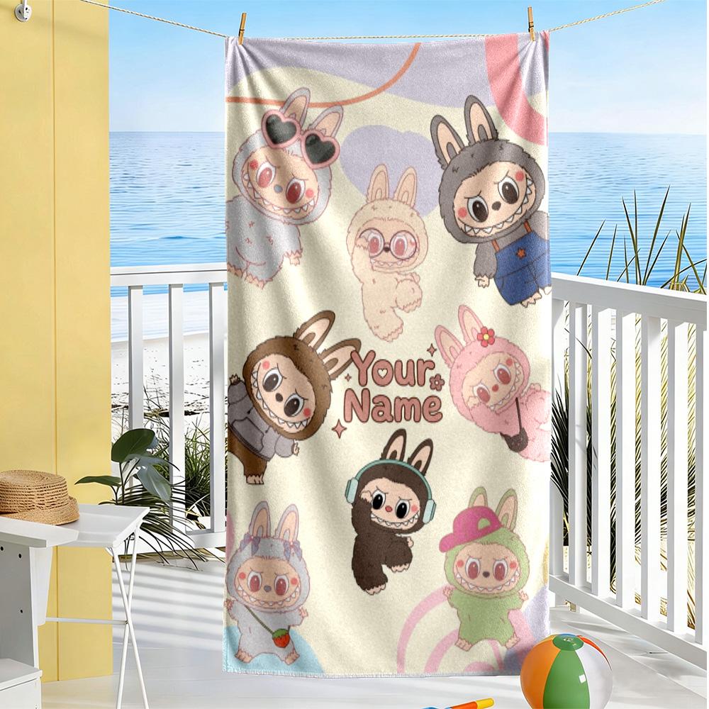 Labubu Customizable Name Beach Towel Super Soft Microfiber Quickdry Fabric Ideal for Travel Outdoor Swim Pool Yoga Surf Camping Hiking Gym Gift Holida
