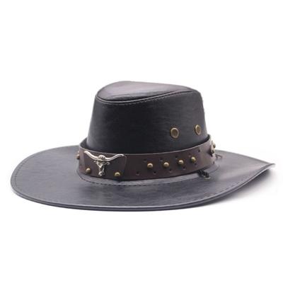Simple PU Leather Western Cowboy Hat Drawstring Big Brim Sunscrean Bucket Cap Hiking Hat Climbing Cap Fisherman Hat Travel