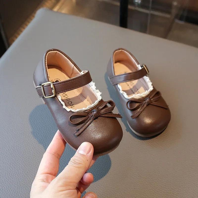 

Girls Flat Shoes Spring Autumn New Elegant Children Princess Shoes Lace Ruffled Edge Kids Fashion Leather Shoes with Bowknot 24