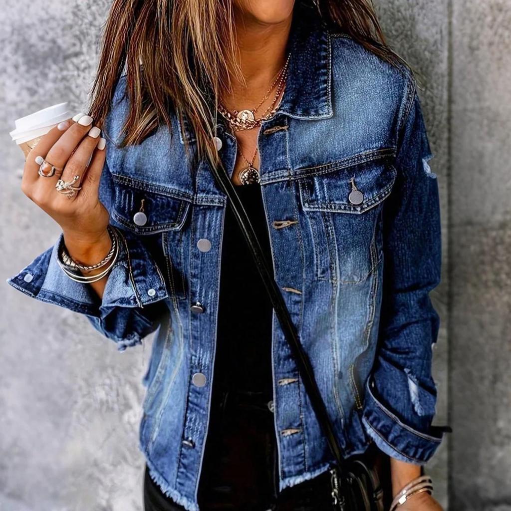 Ladies' Solid Color Denim Casual Long Sleeved Single Breasted Jacket