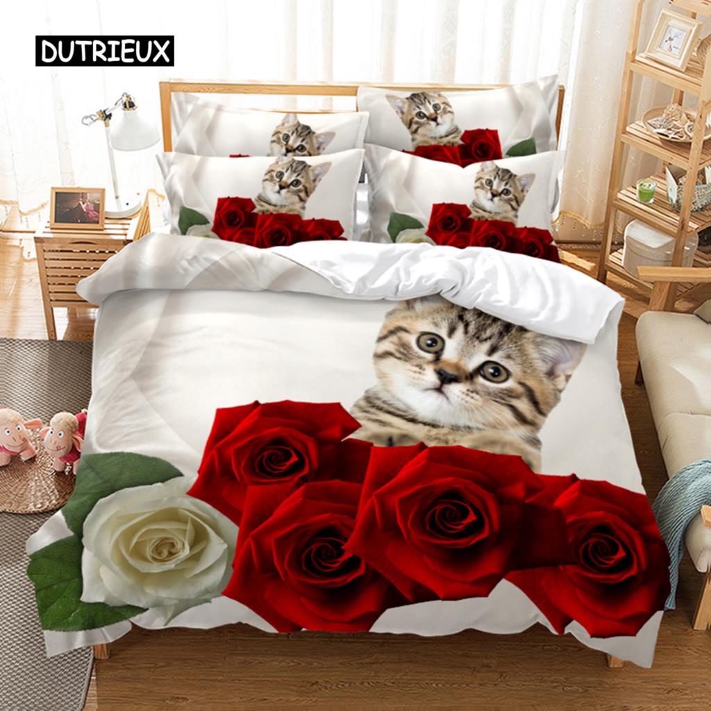 Povlečení červená růže Povlak na přikrývku/přikrývku Pouzdro na polštář 3D HD Double Full King Queen Twin Single 3/2KS Polyester Povlak na přikrývku