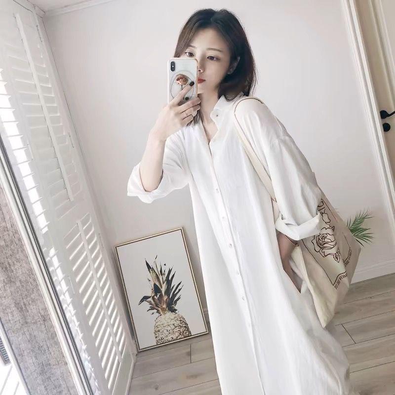 

Сорочка жіноча весняно-осіння мода суцільний колір універсальний топ середньої довжини вільна сорочка з довгим рукавом великого розміру топ L