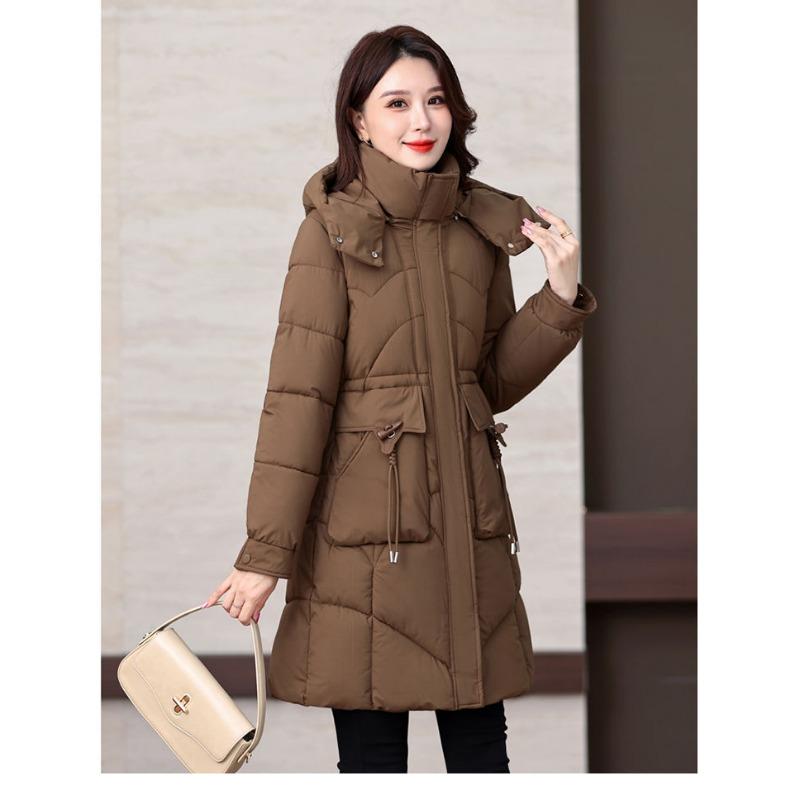 Winter Women Medium To Long Cotton Jacket Thickened Warm Casual Stand Collar Hooded Parker Coat Solid Color Warm Cotton Jacket