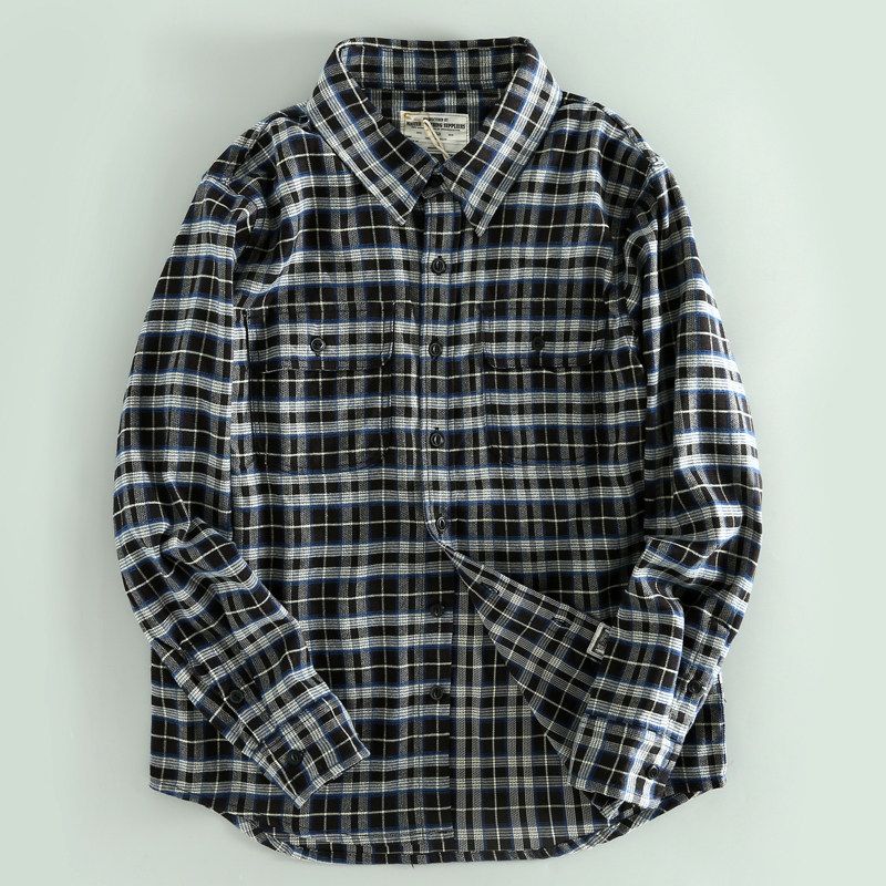 Heavy Industry Washed Export Cut Label Men Tide Luxury Gingham Men Lapel Long Sleeves Shirt Brushed Export Export Shirt Blue Plaid XL