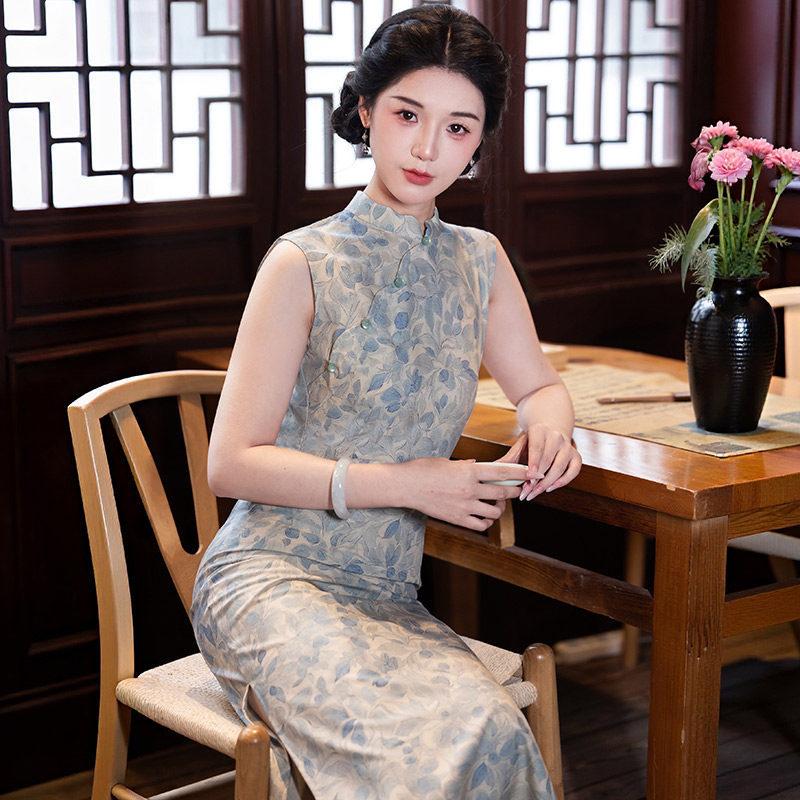 Niebieski bez rękawów styl narodowy nowy chiński codzienny Suzhou długa qipao ulepszona młoda 1011 nowa damska wysokie poczucie