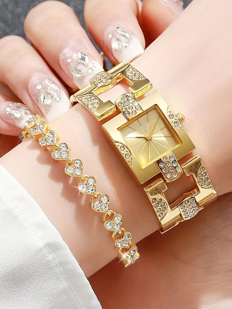 2pcs-Classic Retro Set Temperament Women's Bracelet Watch Square Bar Nail Women's Quartz Watch Bracelet Set