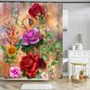 Butterfly Red Roses And Flowers Print Shower Curtain Set Anti-Slip Rugs Toilet Lid Cover Bath Mat  Bathroom Curtains Decoration