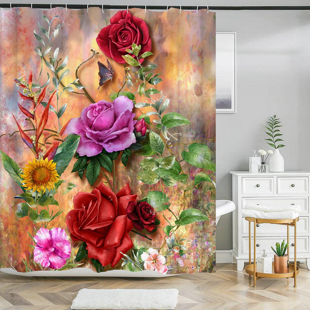 Butterfly Red Roses And Flowers Print Shower Curtain Set Anti-Slip Rugs Toilet Lid Cover Bath Mat  Bathroom Curtains Decoration
