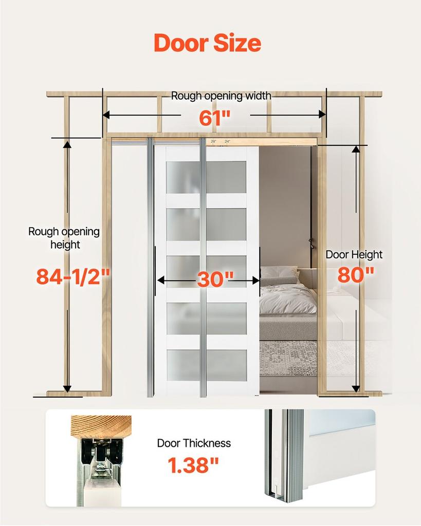 Sliding Pocket Door, 765 x 2035 mm, 5-Lite Frosted Glass Single Sliding Door with Hardware Kit, Sturdy Solid Wood & MDF Pocket Doors Slab with