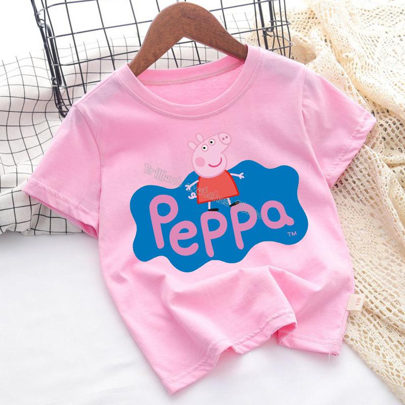 Peppa Pigs T-shirt for Children Cartoon Anime Tee Top Pink Blue Round Collar Clothes Boys Girls Short Sleeve Kids Clothing Gift