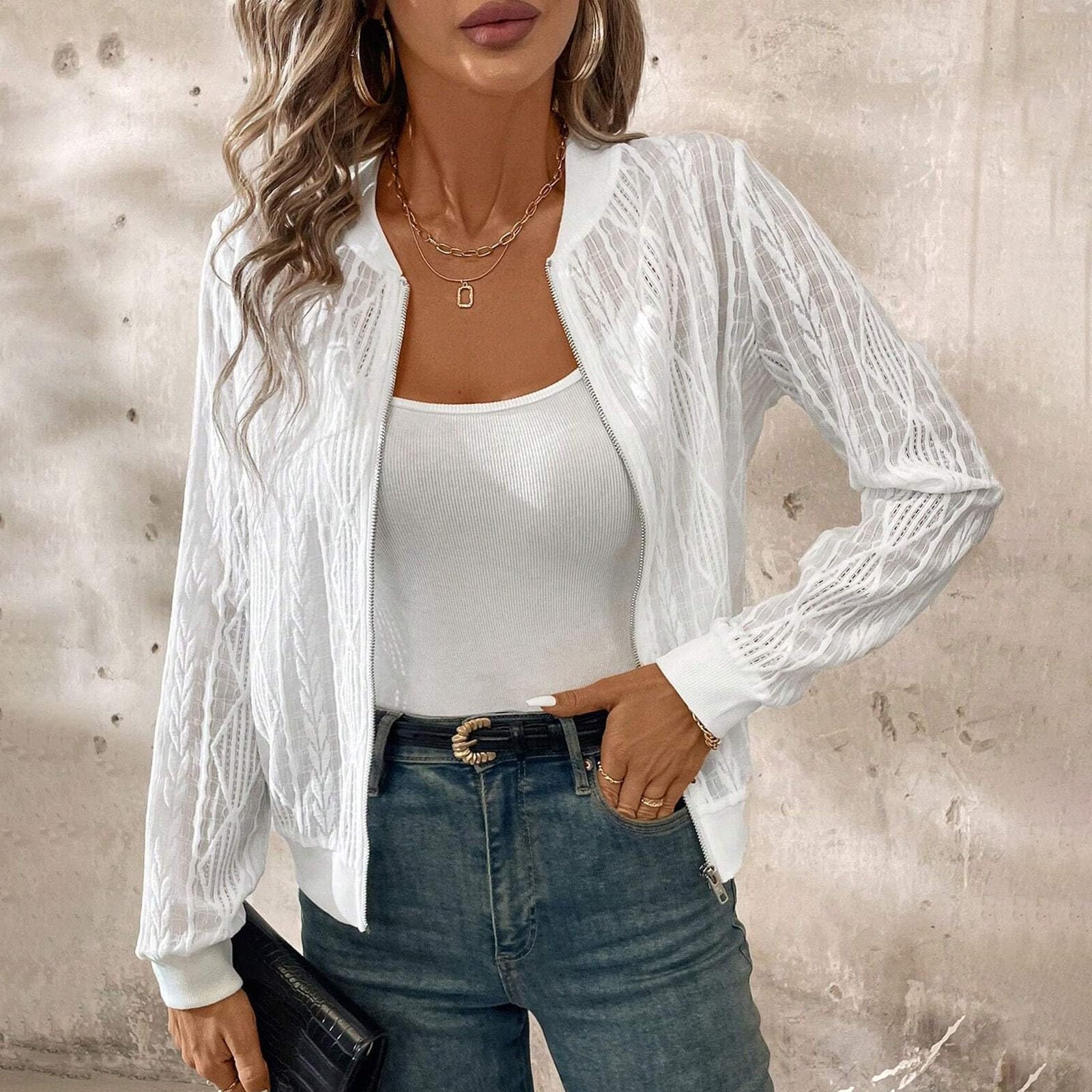 

Женская повседневная и модная куртка с V-образным вырезом на молнии, с длинными рукавами, однотонная, с вырезами XL белый